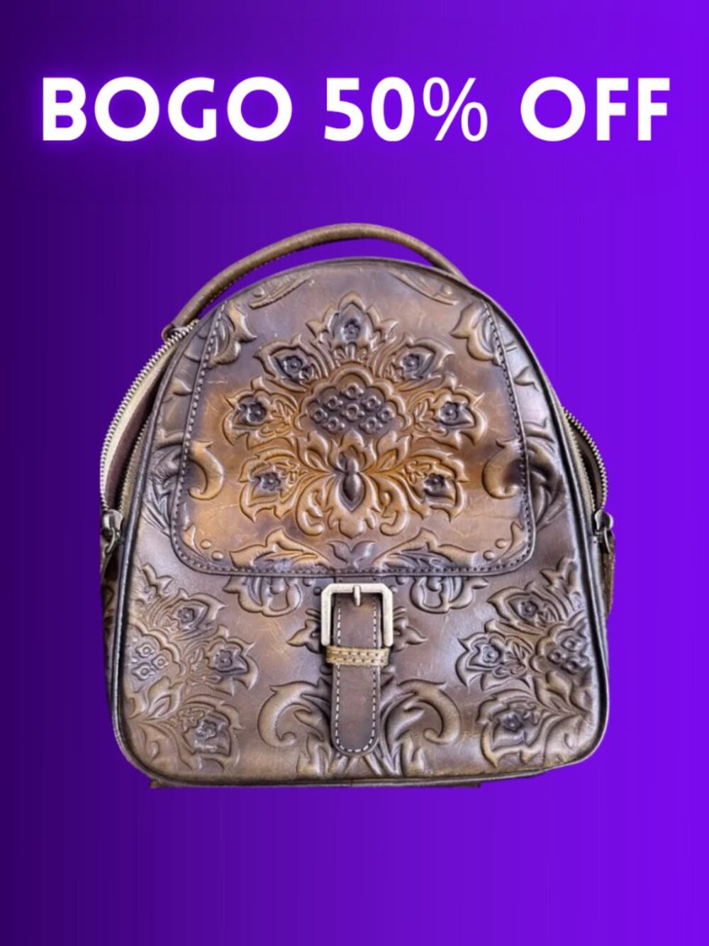 Embossed Floral Leather Mini Backpack - Olive Green